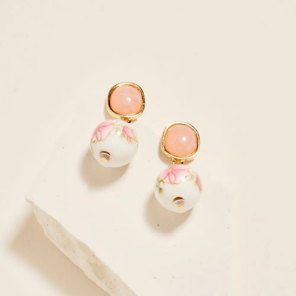 pink pattern printed ceramic bead drop earrings