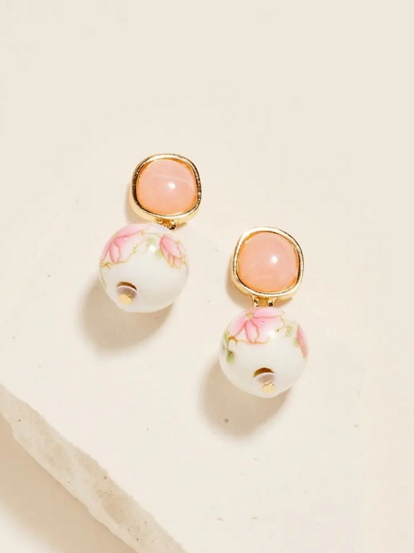 pink pattern printed ceramic bead drop earrings