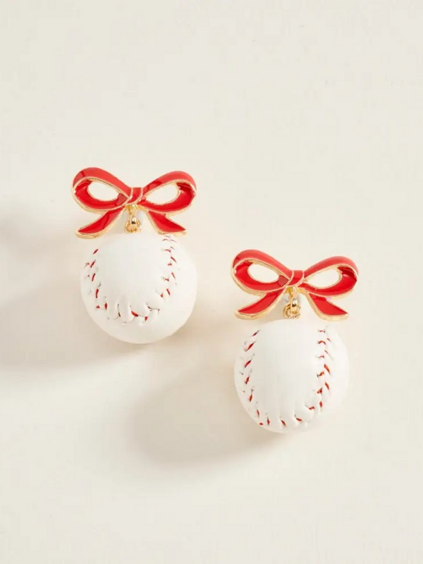 mini baseball ribbon bow drop post earrings