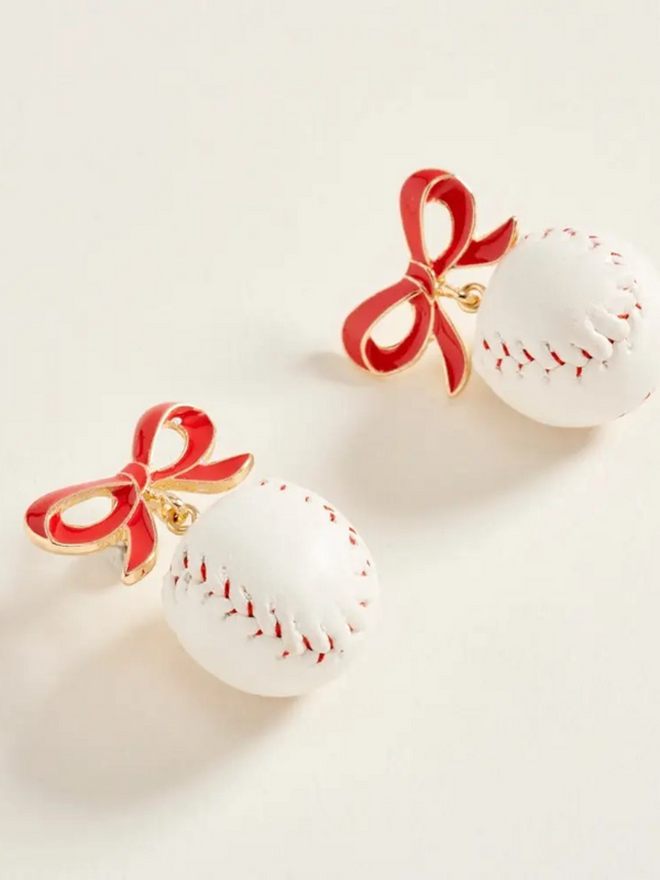 mini baseball ribbon bow drop post earrings