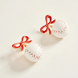 mini baseball ribbon bow drop post earrings