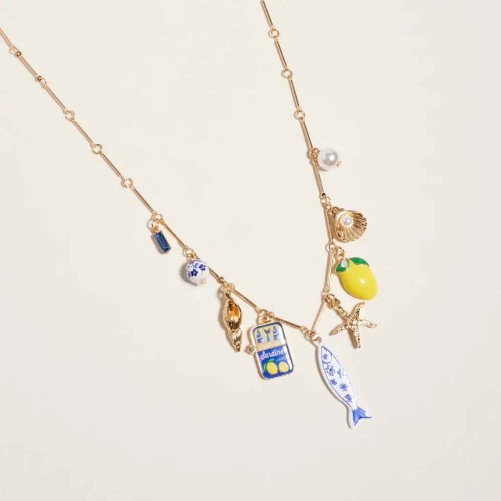 gold and blue 18" sealife coastal mediterranean charm necklace
