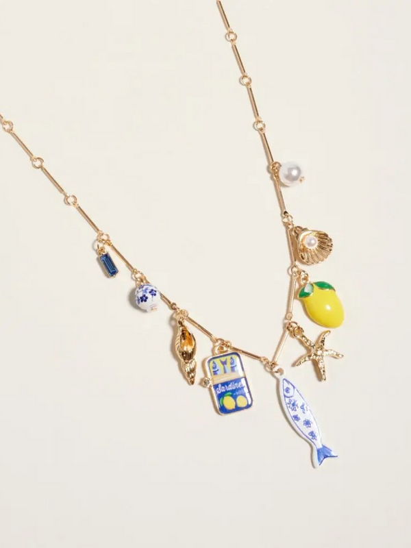 gold and blue 18" sealife coastal mediterranean charm necklace