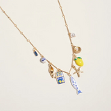 gold and blue 18" sealife coastal mediterranean charm necklace