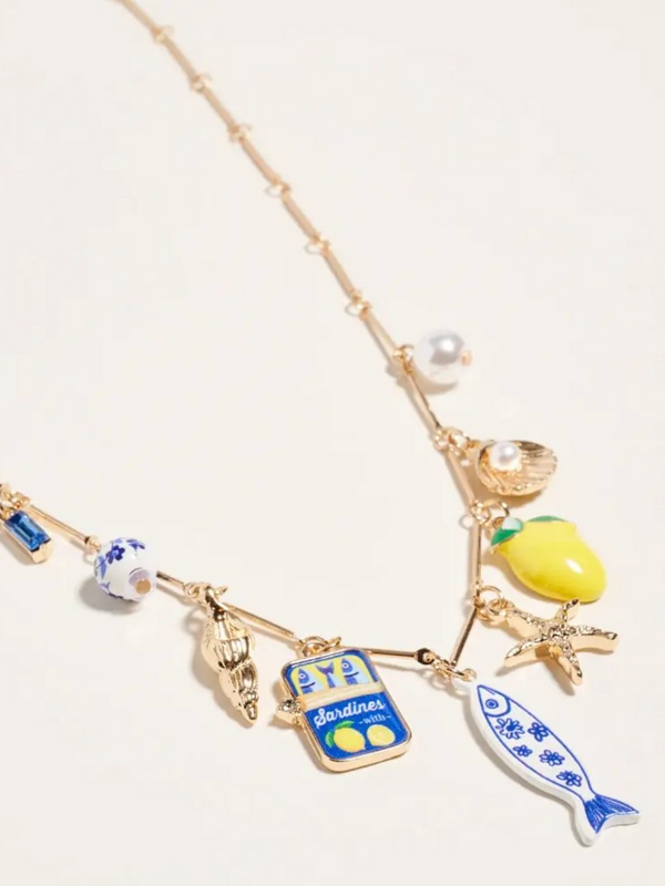 gold and blue 18" sealife coastal mediterranean charm necklace