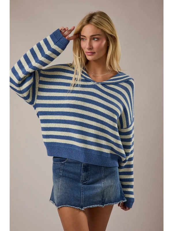 sailor collar stripe sweater in blue and ivory