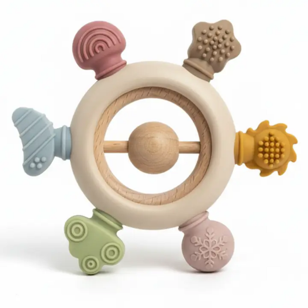 rainbow spokes silicone teether with wooden rattle