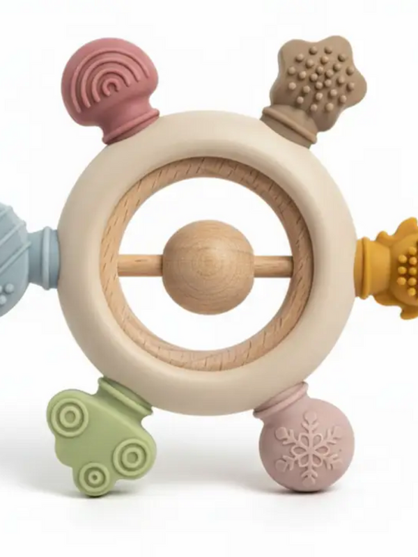 rainbow spokes silicone teether with wooden rattle
