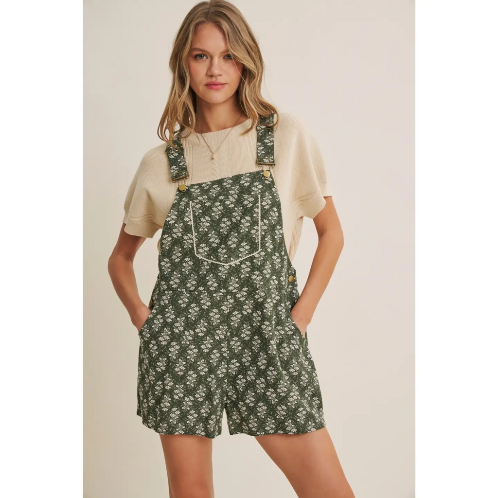dark olive meadow bloom floral short overalls