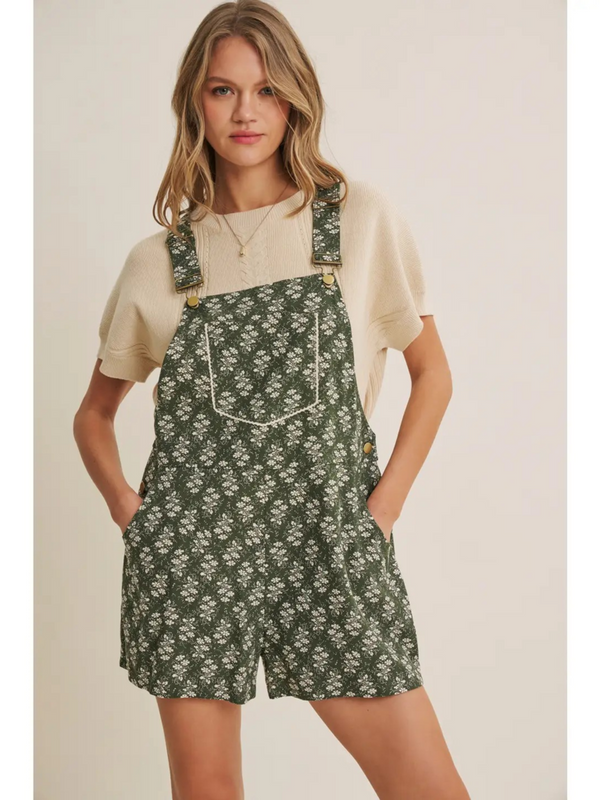 dark olive meadow bloom floral short overalls
