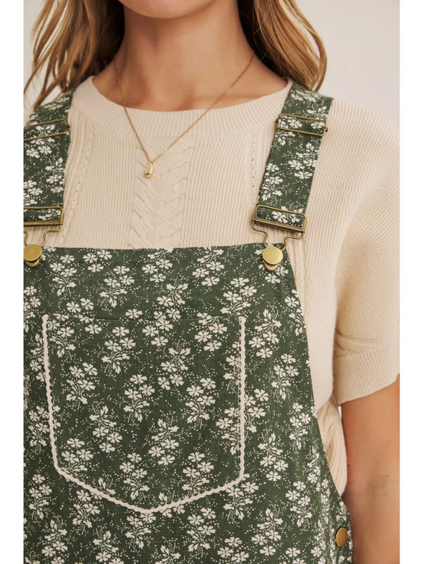 dark olive meadow bloom floral short overalls
