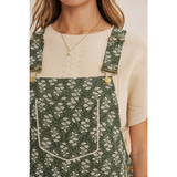 dark olive meadow bloom floral short overalls