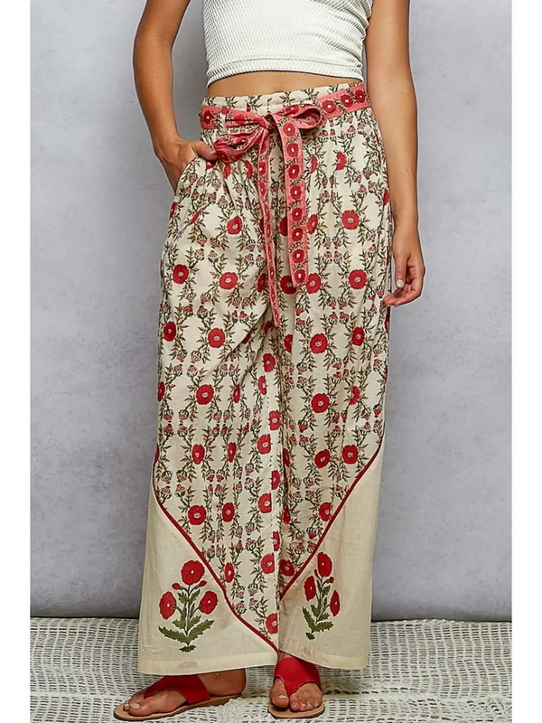 multi cream woven printed wide leg bottoms
