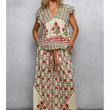 multi cream woven printed wide leg bottoms