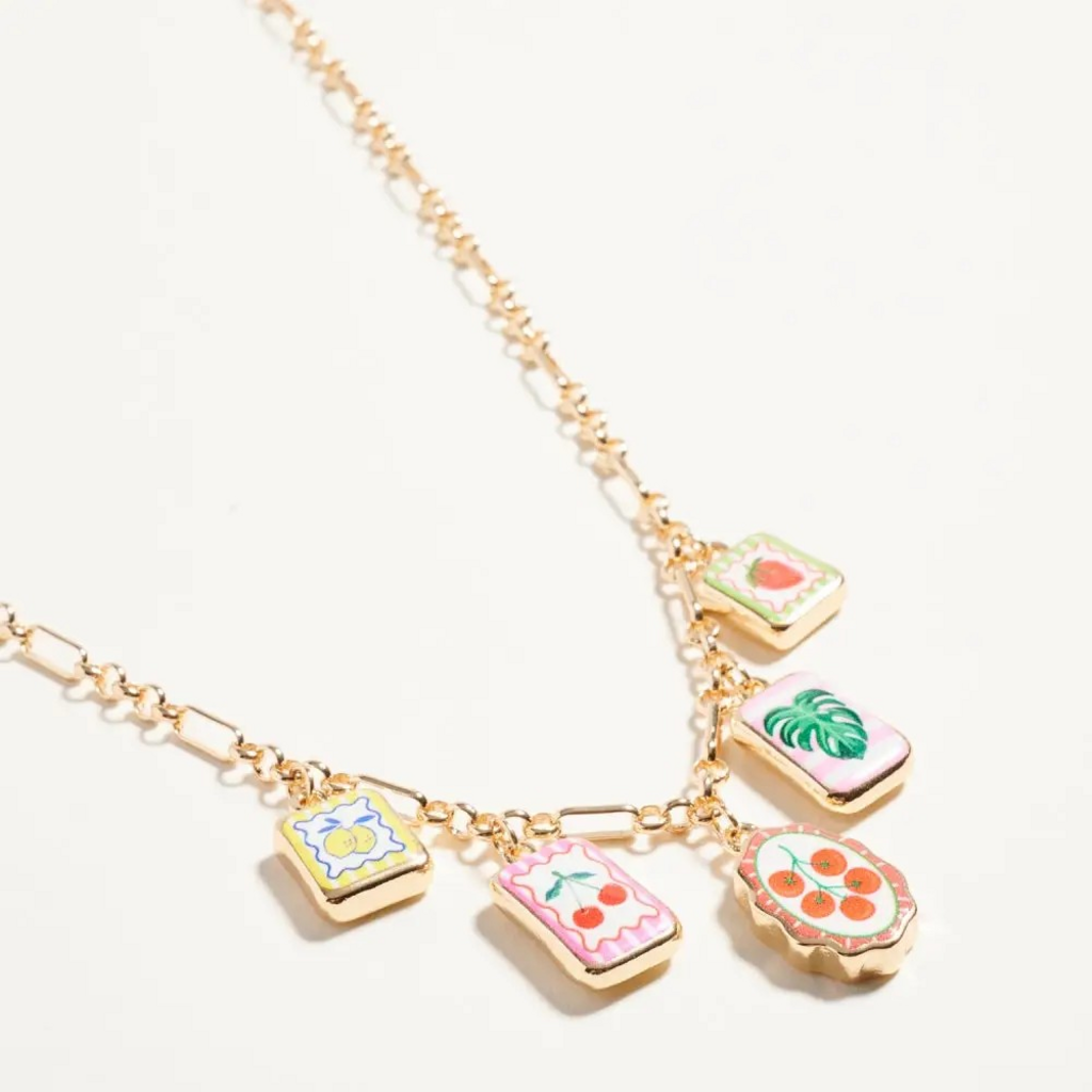 Vintage inspired gold enamel fruit print charm necklace
