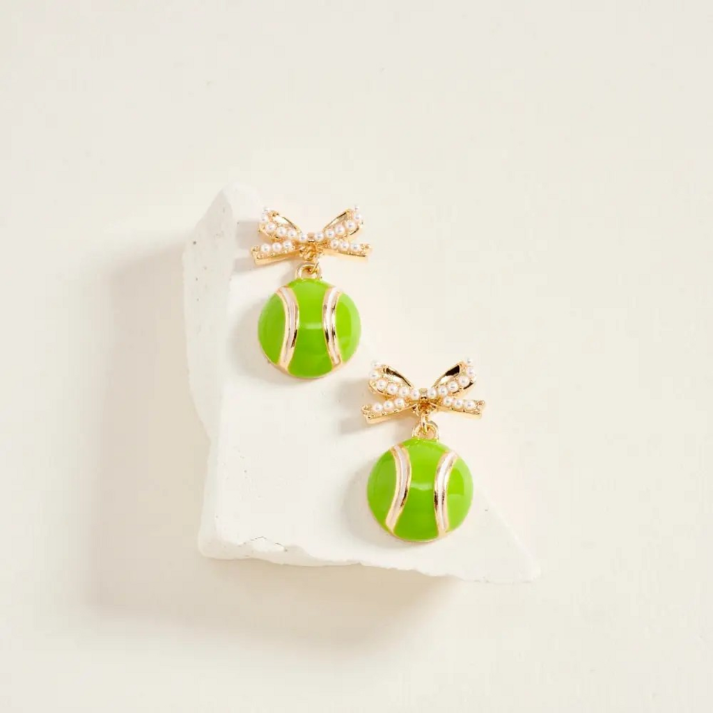 dainty pearl ribbon bow with tennis ball earrings