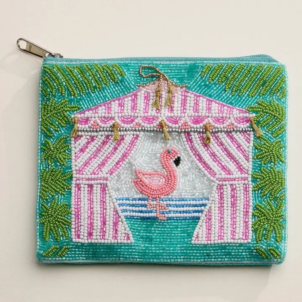 flamingo cabana beaded summer pouch