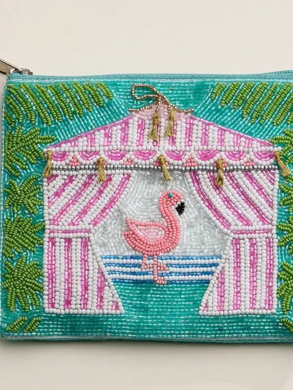 flamingo cabana beaded summer pouch