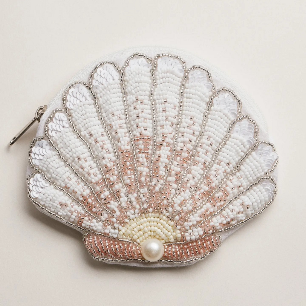 white beaded seashell coin purse
