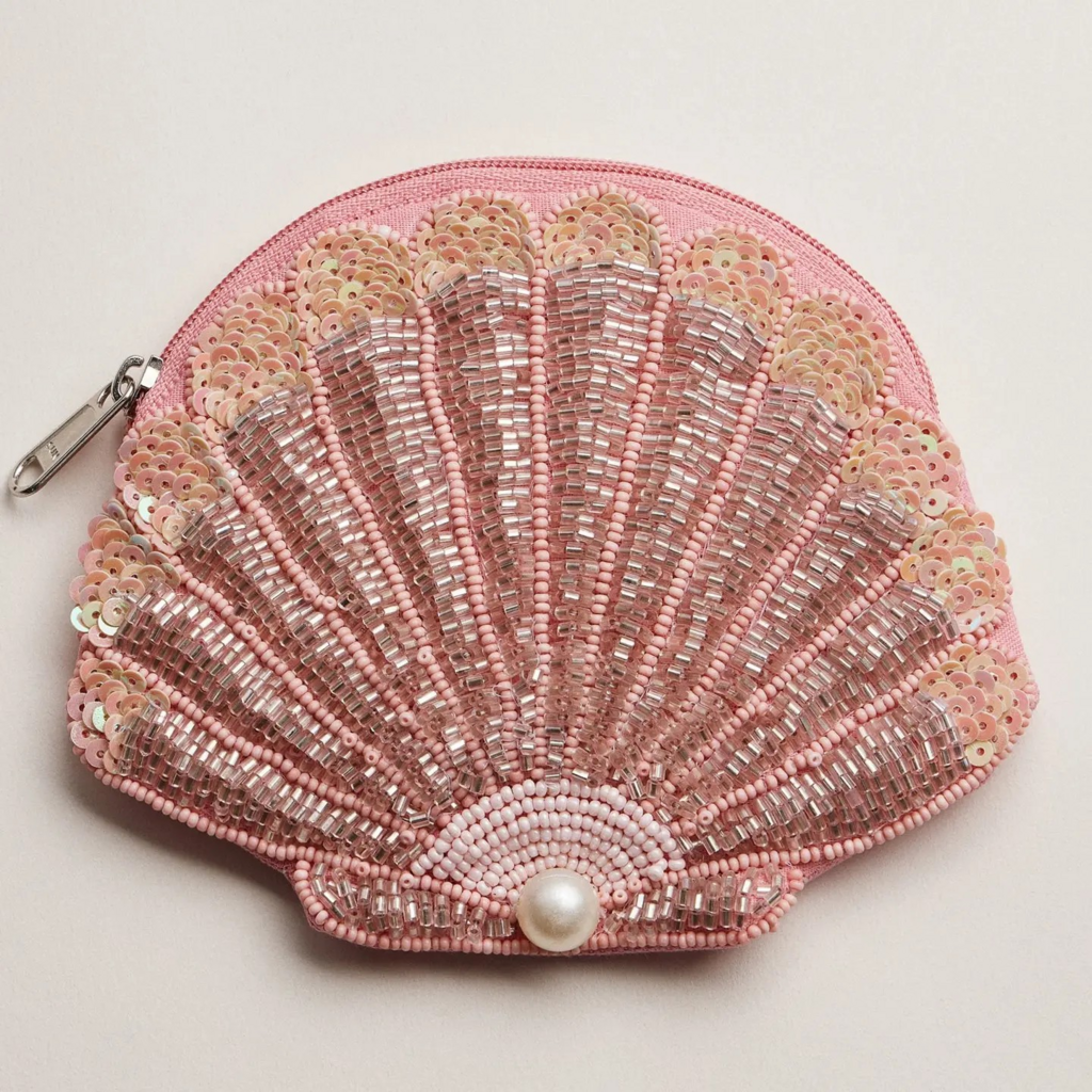 pink beaded seashell coin purse