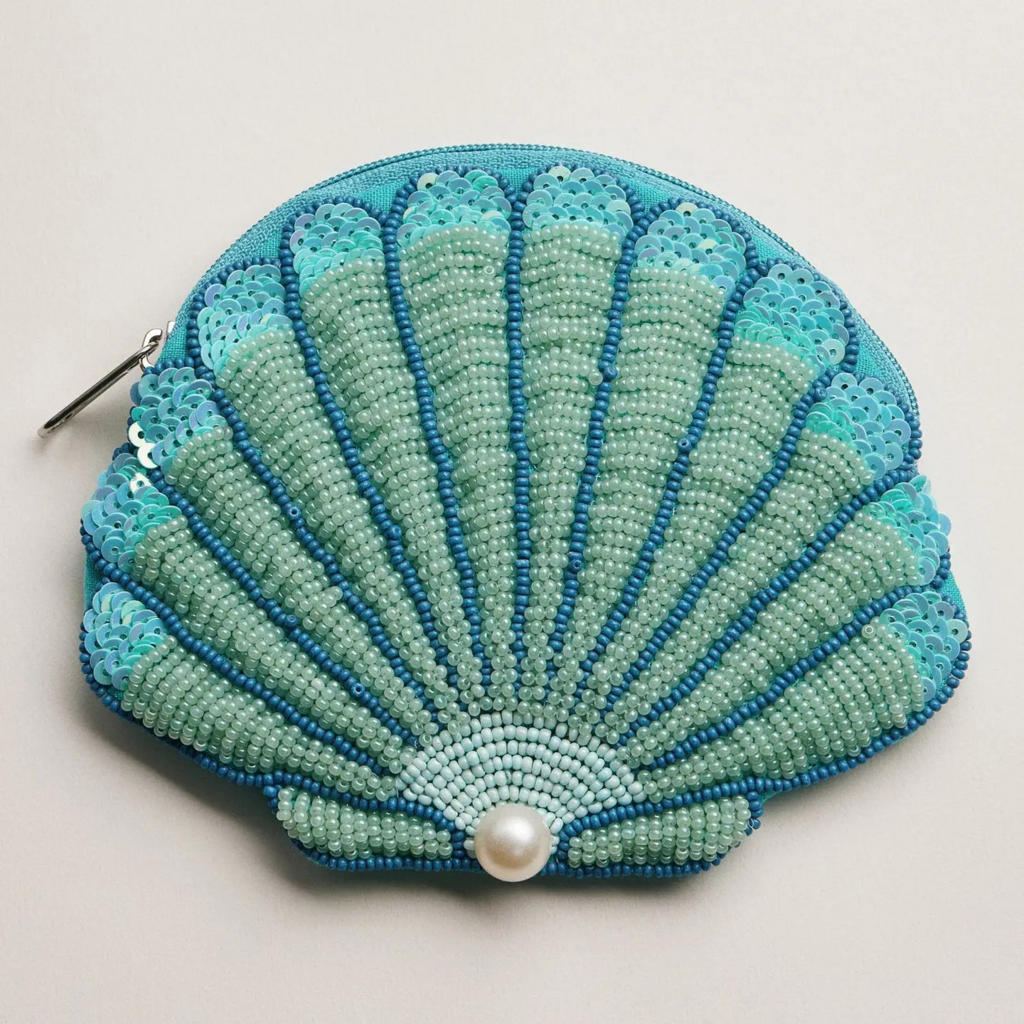 light blue beaded seashell coin purse