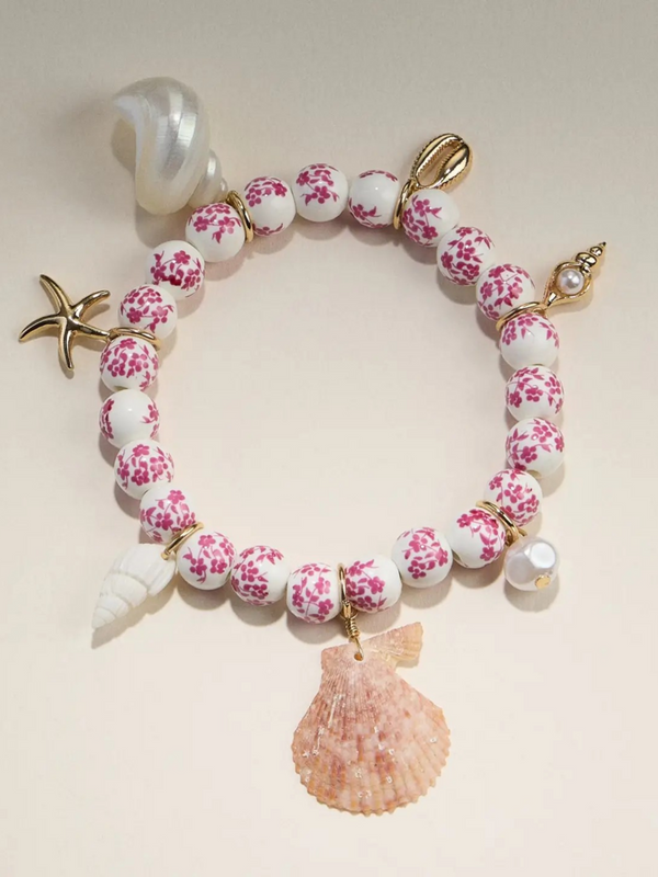 pink floral beaded seashell charm bracelet