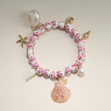 pink floral beaded seashell charm bracelet