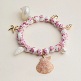 pink floral beaded seashell charm bracelet