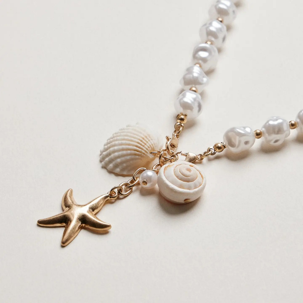gold starfish and seashell pendant coastal charm pearl necklace