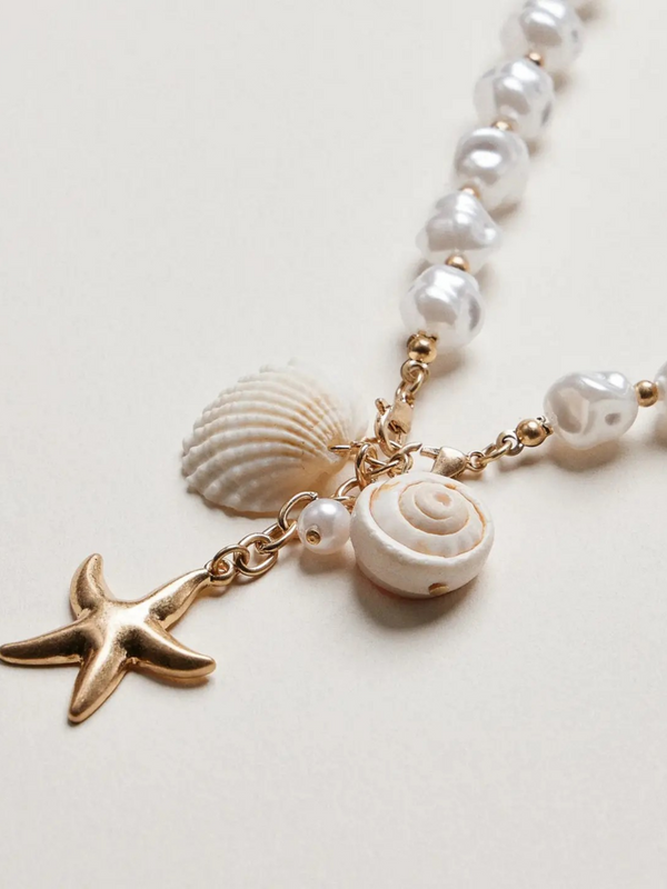 gold starfish and seashell pendant coastal charm pearl necklace