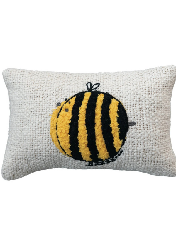14"L x 9"H Woven Cotton Lumbar Pillow with Embroidered Bee