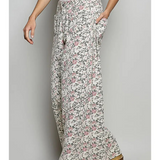 cream floral high rise wide pants