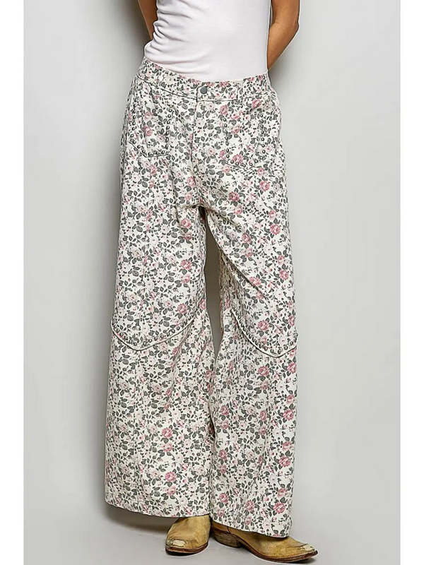 cream floral high rise wide pants