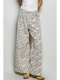 cream floral high rise wide pants