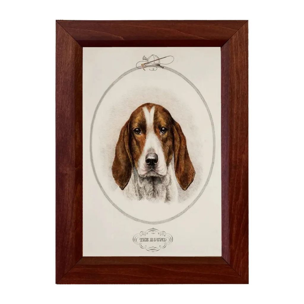 hound dog vintage print reproduction in solid mango wood frame
