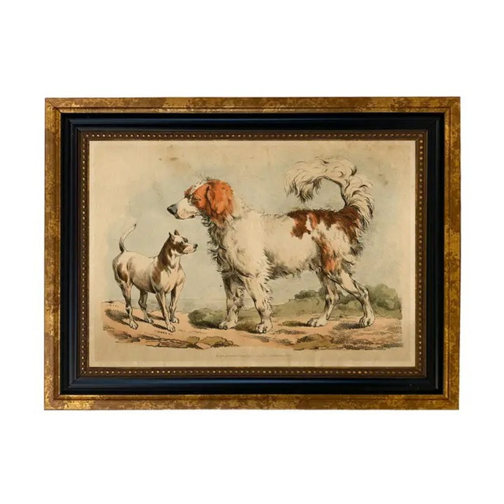 two dogs vintage book illustration vintage print in beaded frame (5"x7")