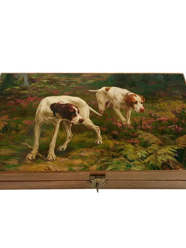 pointer dogs chasing decorative vintage wood trinket box