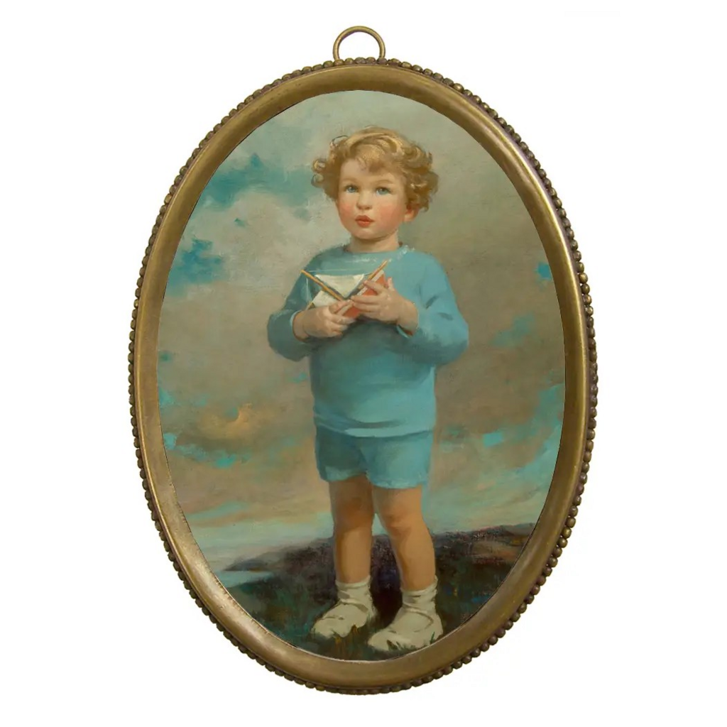 oval young boy with sailboat with beaded brass frame 6-1/4"