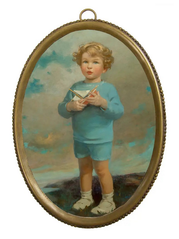 oval young boy with sailboat with beaded brass frame 6-1/4"