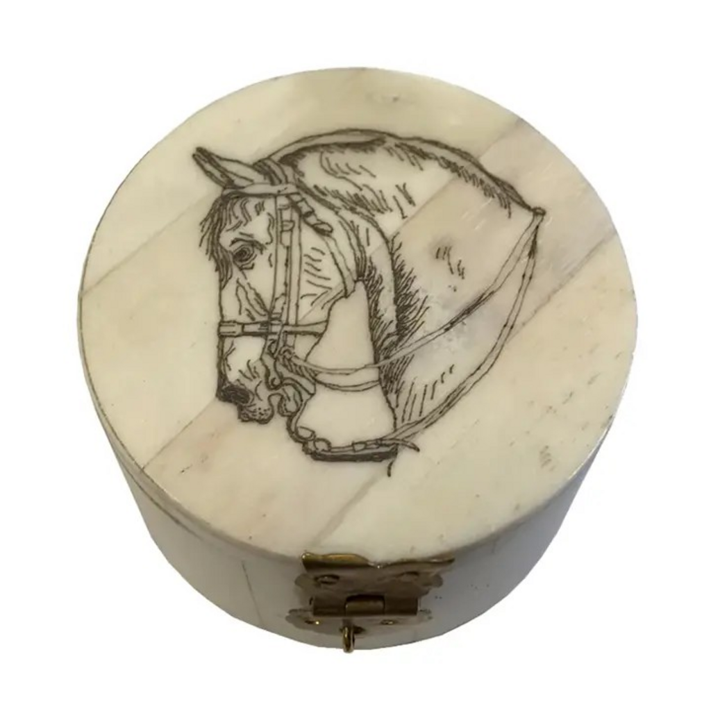 horse head round jewelry trinket bone box 2-1/4"