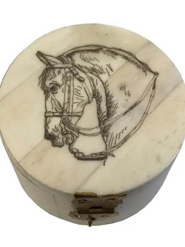 horse head round jewelry trinket bone box 2-1/4"