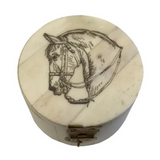 horse head round jewelry trinket bone box 2-1/4"
