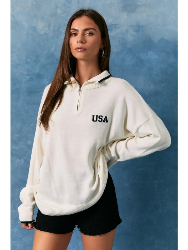USA flag half zip long sleeve sweater