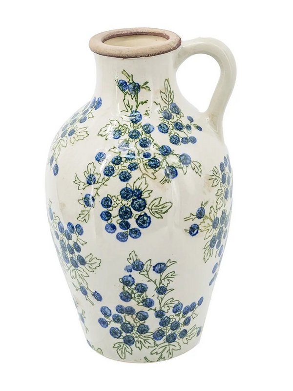white ceramic vase with blueberry motif and 1 handle