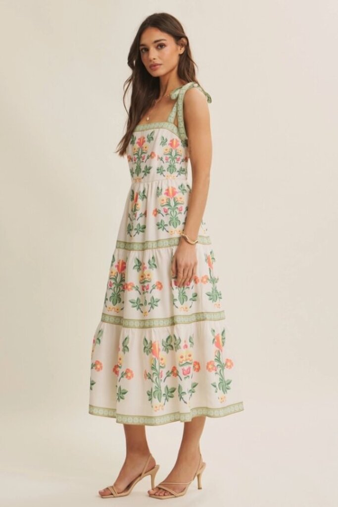 Floral midi dress with shoulder tie