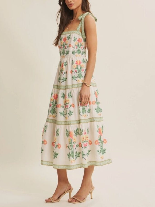Floral midi dress with shoulder tie