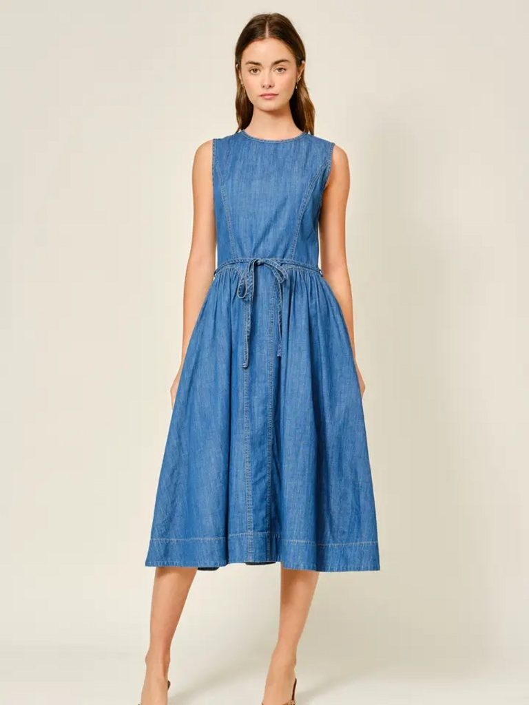 denim belted paneled midi dress