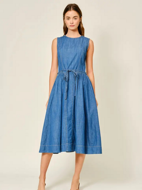 denim belted paneled midi dress