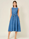 denim belted paneled midi dress