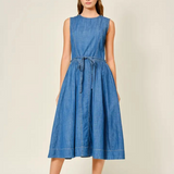denim belted paneled midi dress
